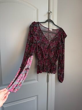 SO Floral Long Sleeve Peplum Blouse Magenta and Black